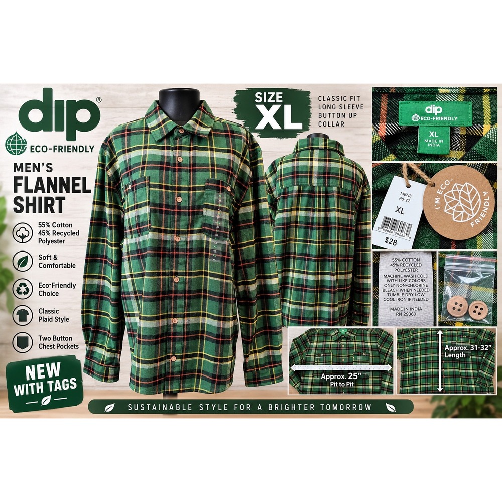 Dip Eco-Friendly Mens Flannel Shirt XL Green Plaid Long Sleeve Button Up P8-22